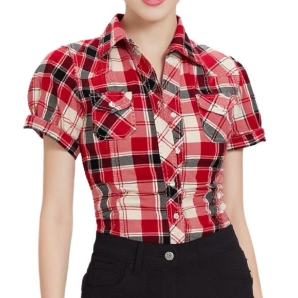 SWS Y2k Red Check Plaid Button Down Shirt with Puff Sleeve Size Medium - Picture 2 of 7